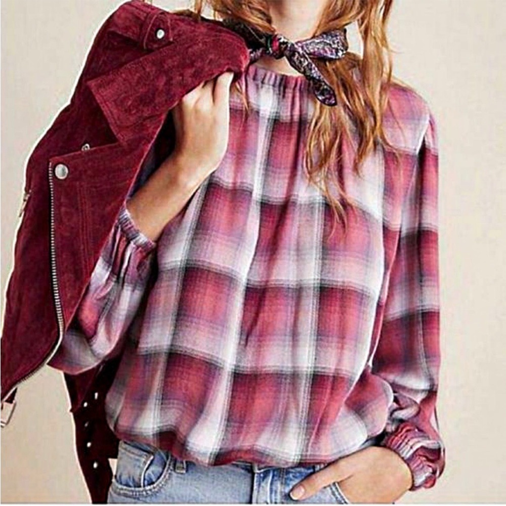 Anthropologie Cloth & Stone Glacier Plaid Elastic Cuff Blouse Raspberry size XS